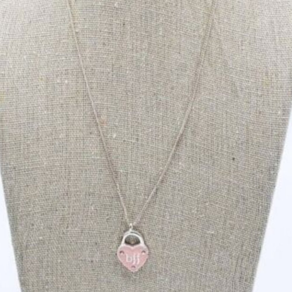 BFF Best Friends Forever Necklace Pink Enamel Rhinestone Pendant Silver Tone